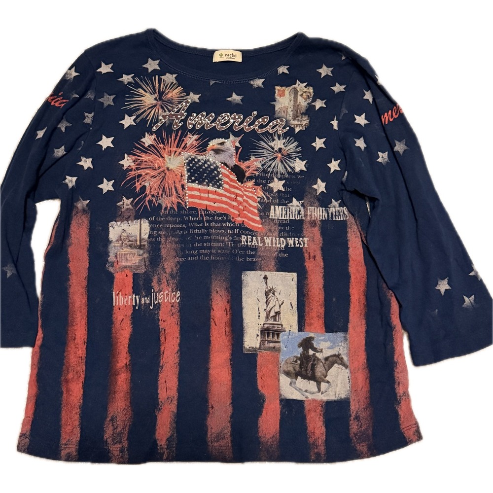 Cactus Womens Patriotic Rhinestone Graphic Top Navy Blue Stars Stripes Medium